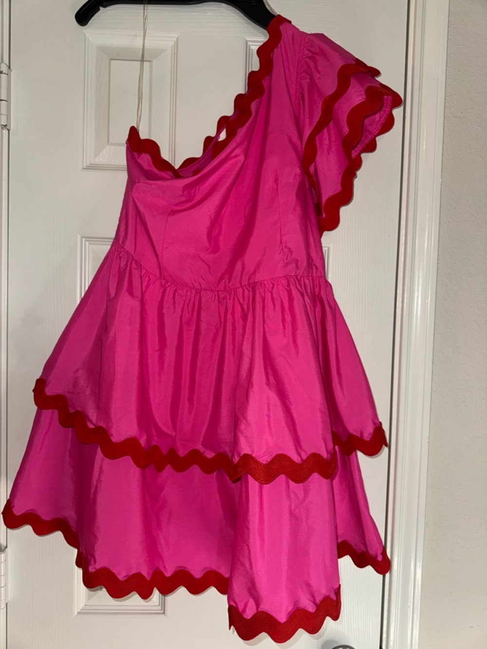 Entro Bright Pink One-Shoulder Tiered Ruffle Dress with Red Trim